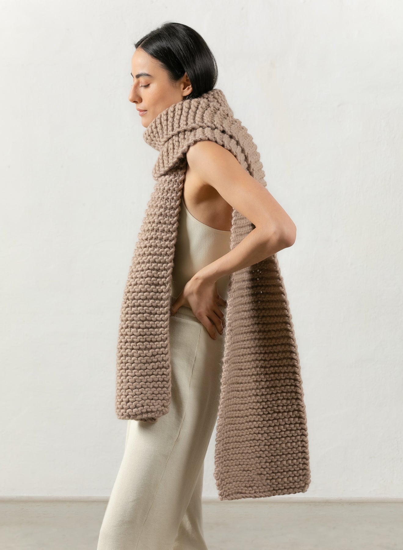 wool scarf knitted Mr Mittens taupe brown winter