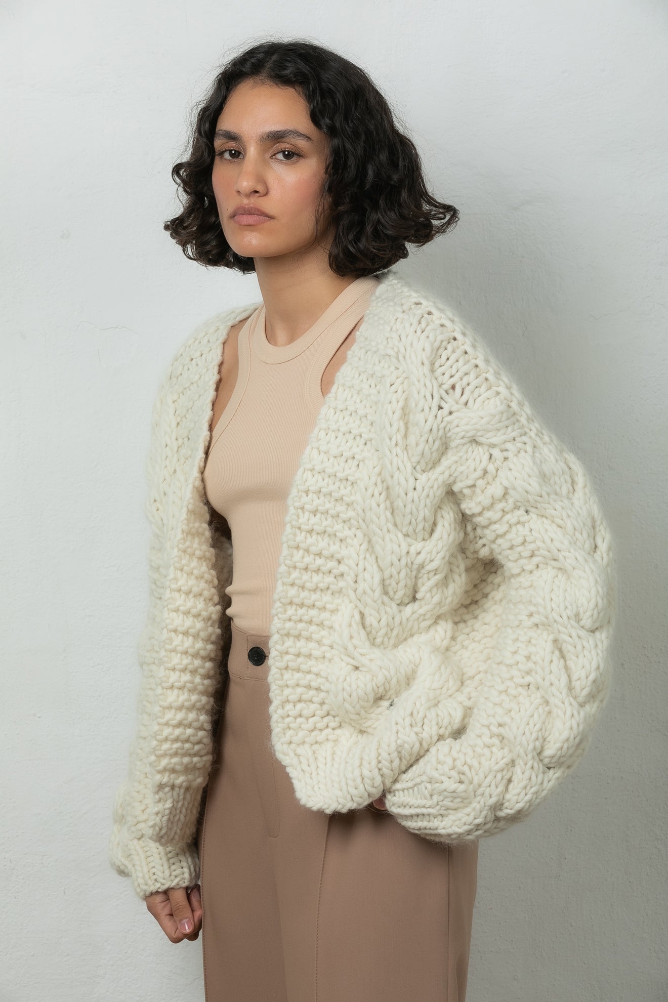 wool bomber cardigan chunky knitted Mr Mittens ivory white cream
