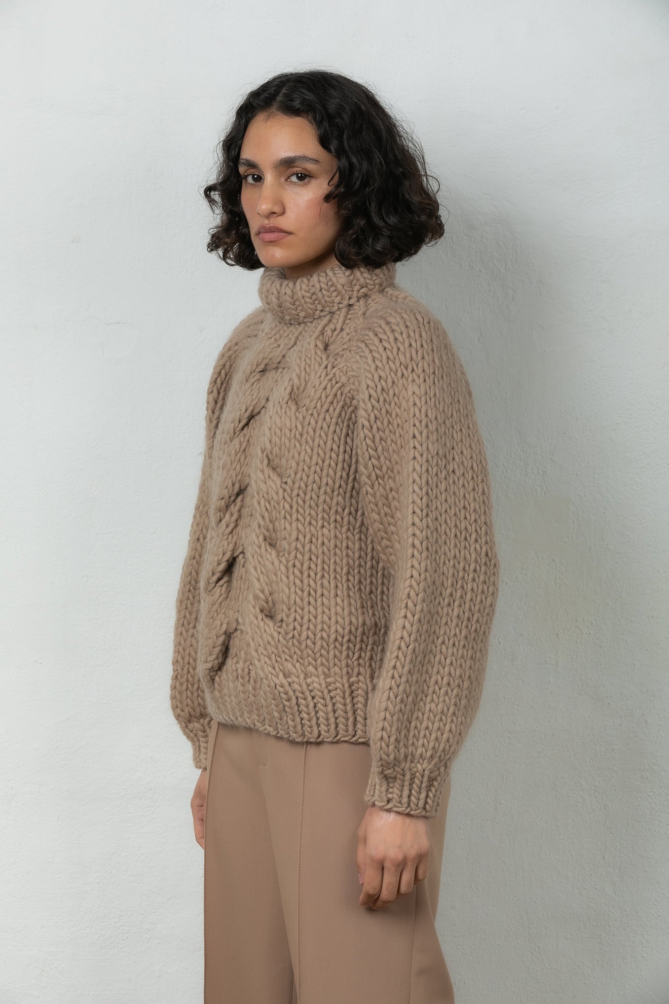 wool jumper chunky knit winter Mr Mittens collar taupe brown