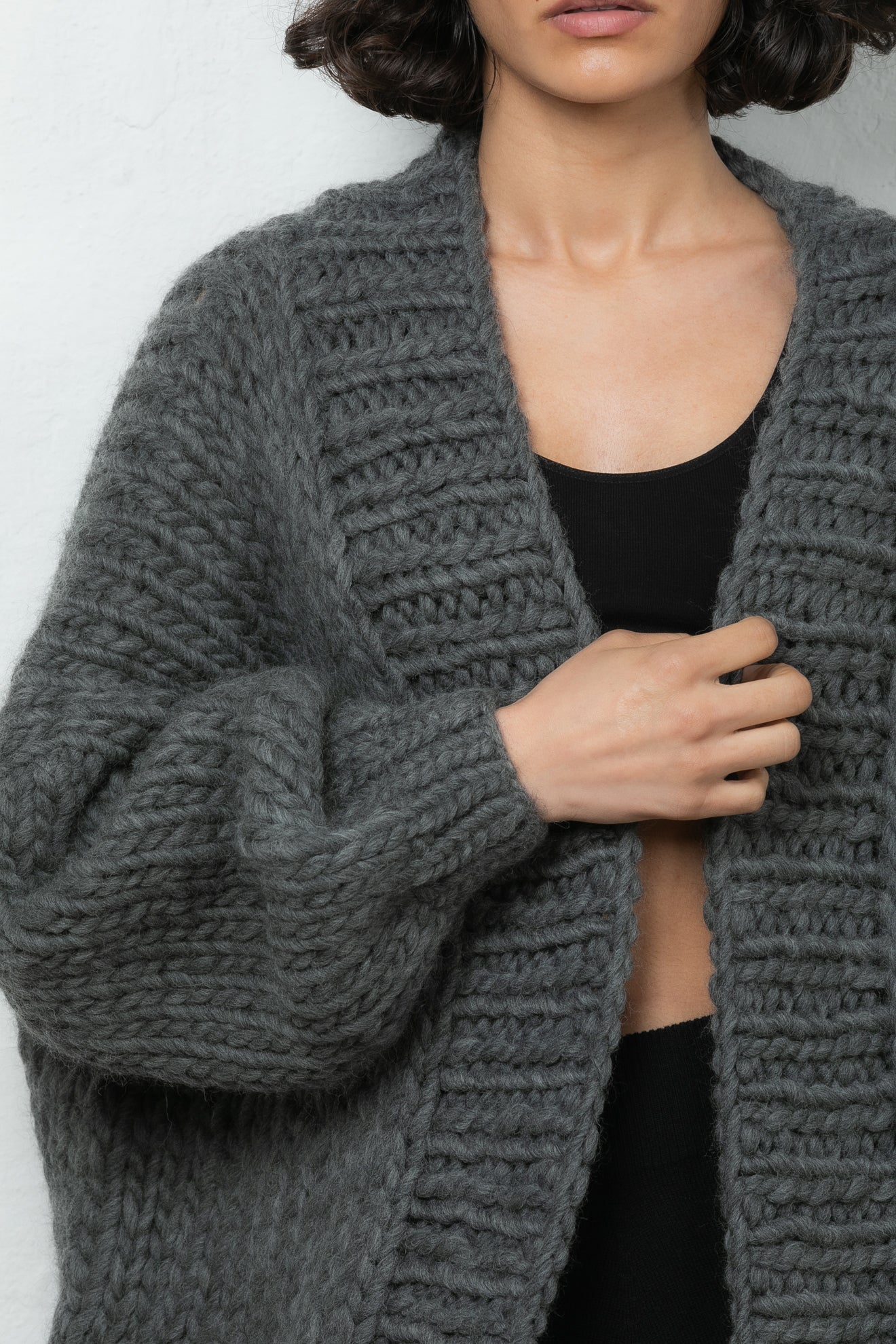 charcoal dark grey cardigan chunky mr mittens knit knitwear winter collection outerwear