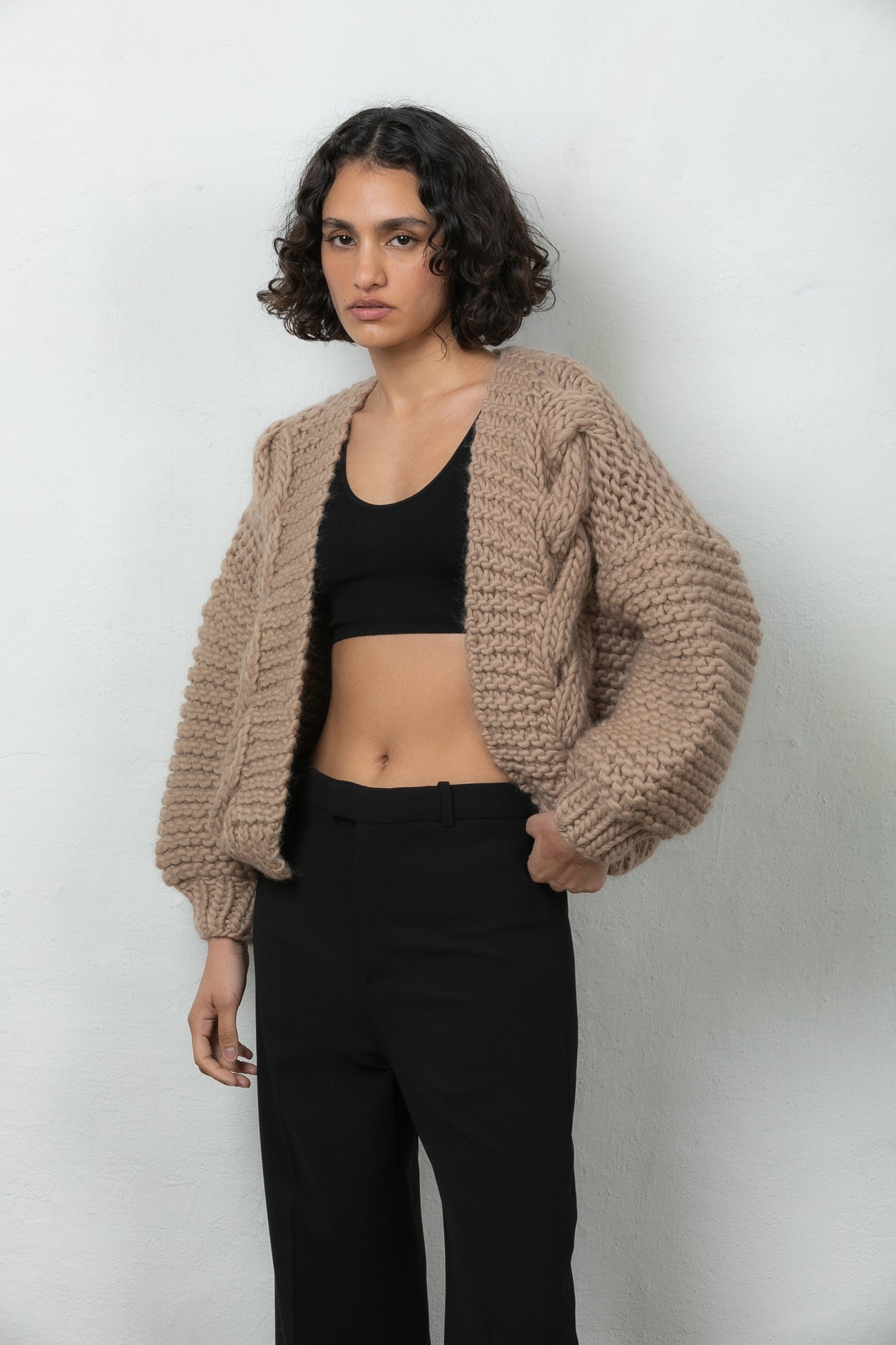 wool bomber chunky knit Mr Mittens winter brown taupe