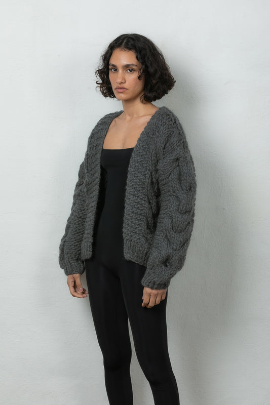 wool bomber cardigan chunky knitted Mr Mittens charcoal grey