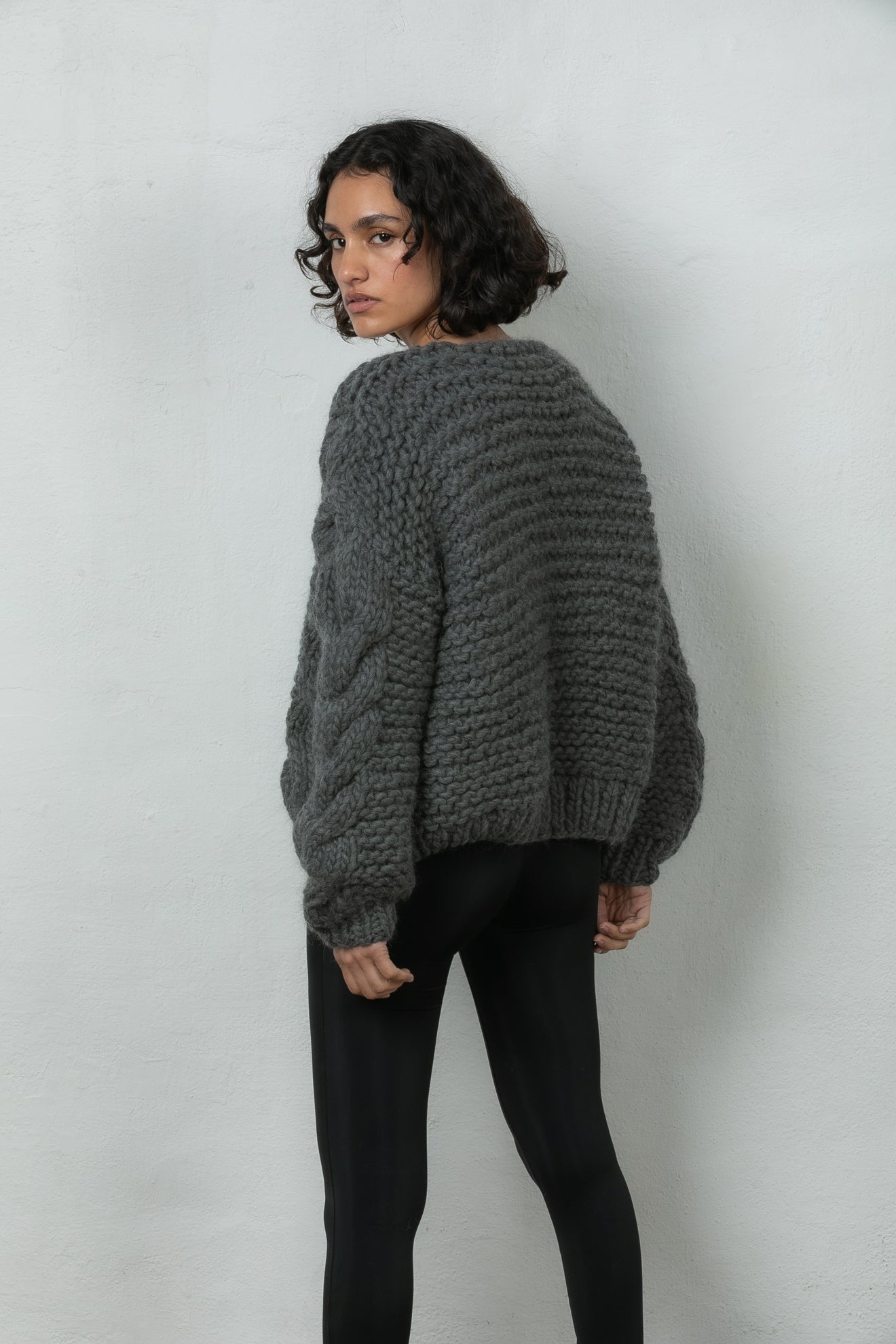 wool bomber cardigan chunky knitted Mr Mittens charcoal grey