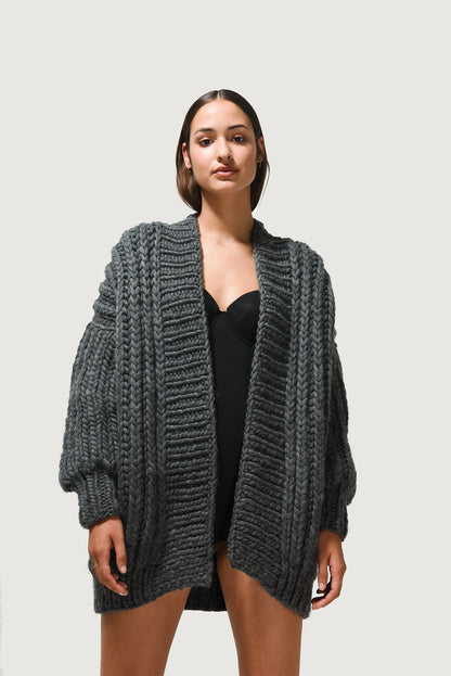 wool cardigan chunky knit Mr Mittens winter charcoal grey